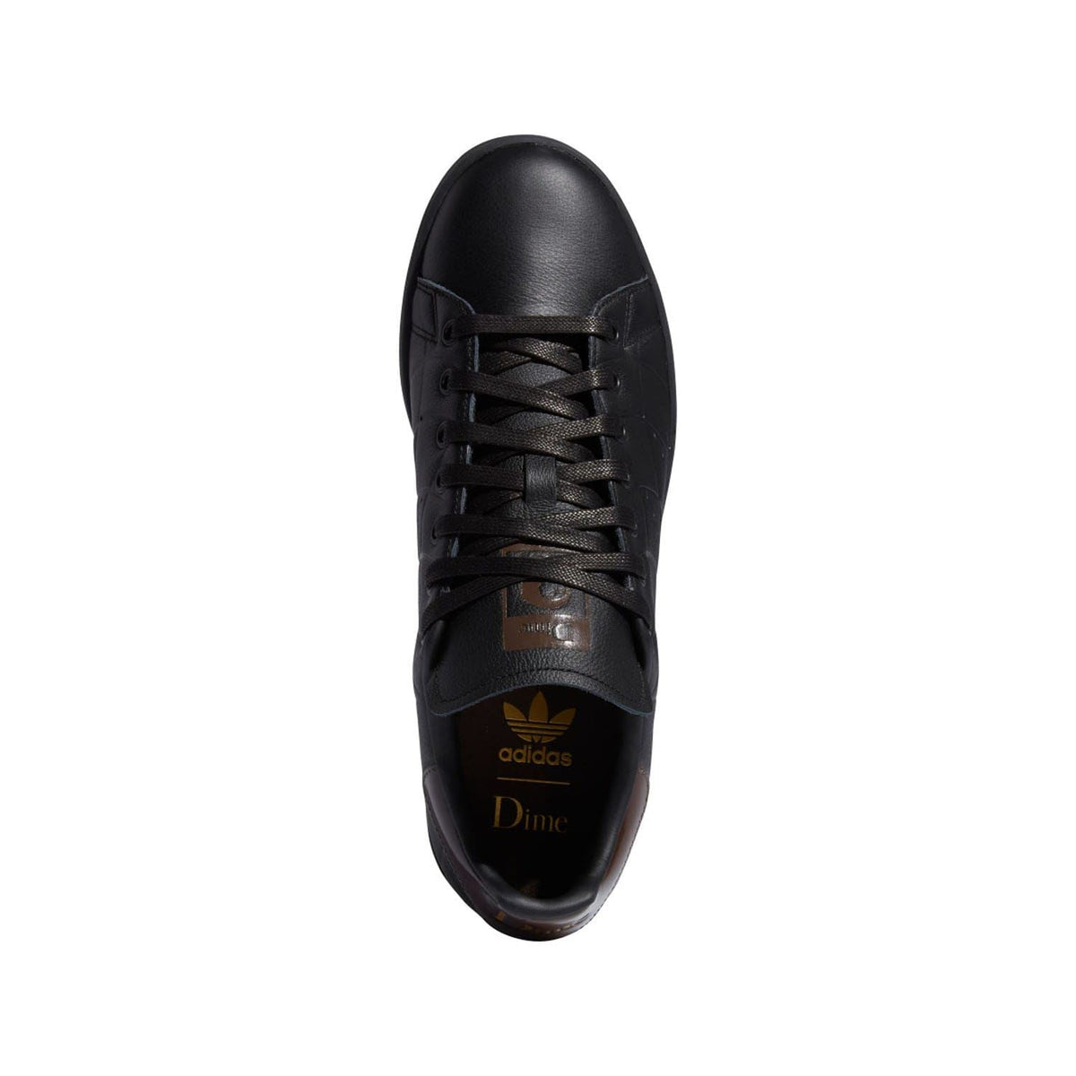 Black leather lace-up trainer with adidas logo and Dime branding on tongue