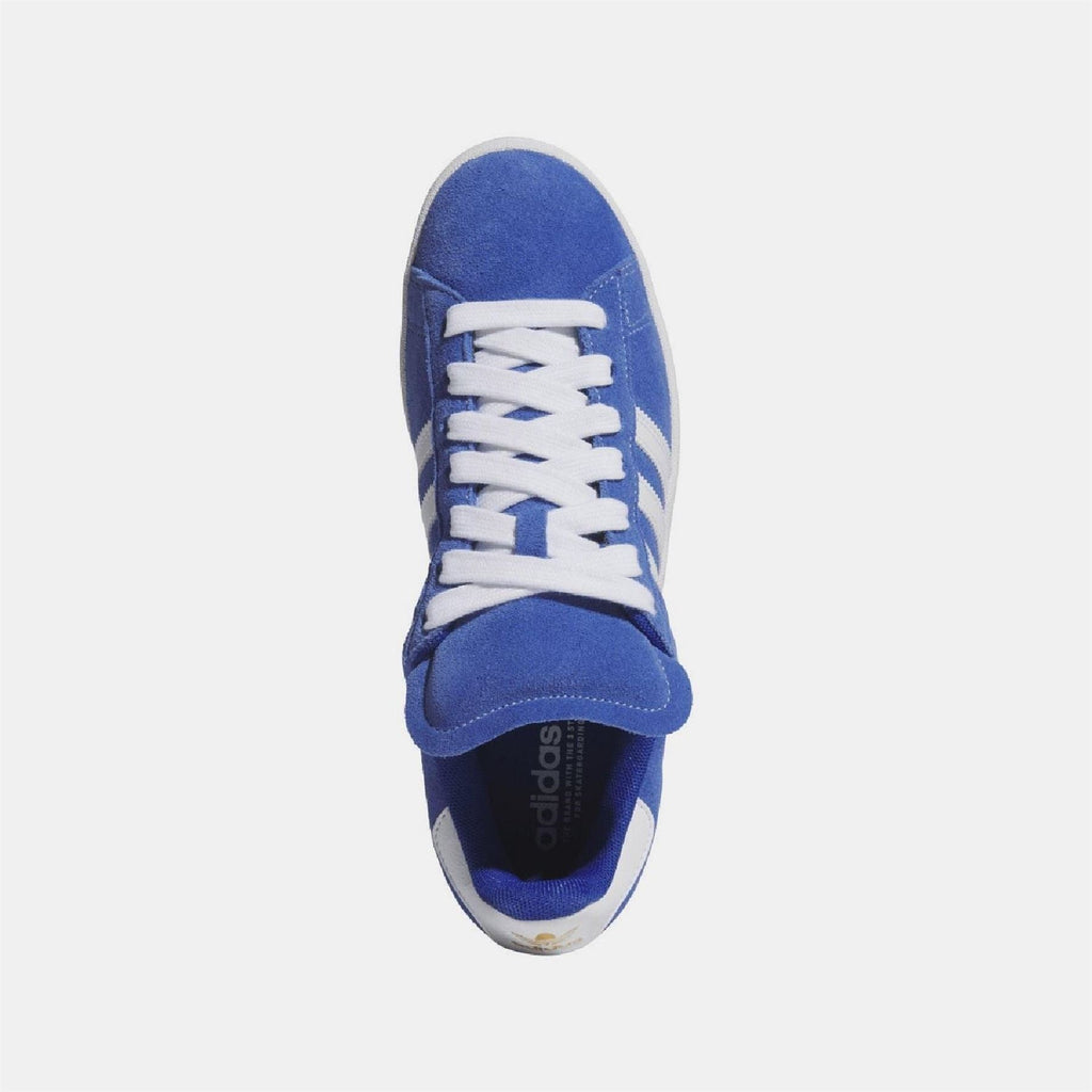 Blue adidas trainer showing lace-up tongue and white trim