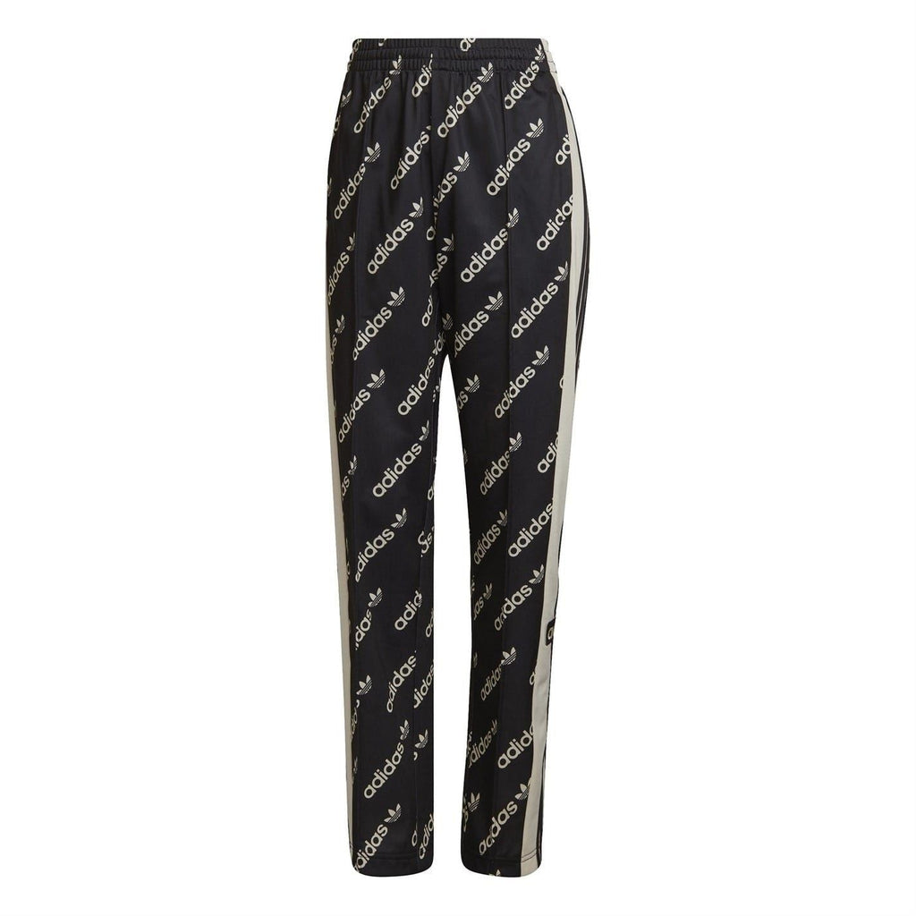 Black jogger sweatpants with allover adidas logos and side stripe accents