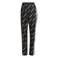 Black jogger sweatpants with allover adidas logos and side stripe accents