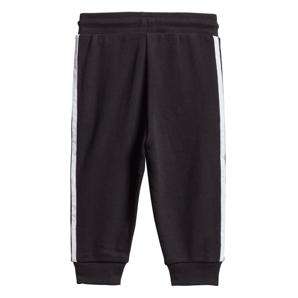 Infants black jogger pants with vertical white side stripes and elastic cuffs