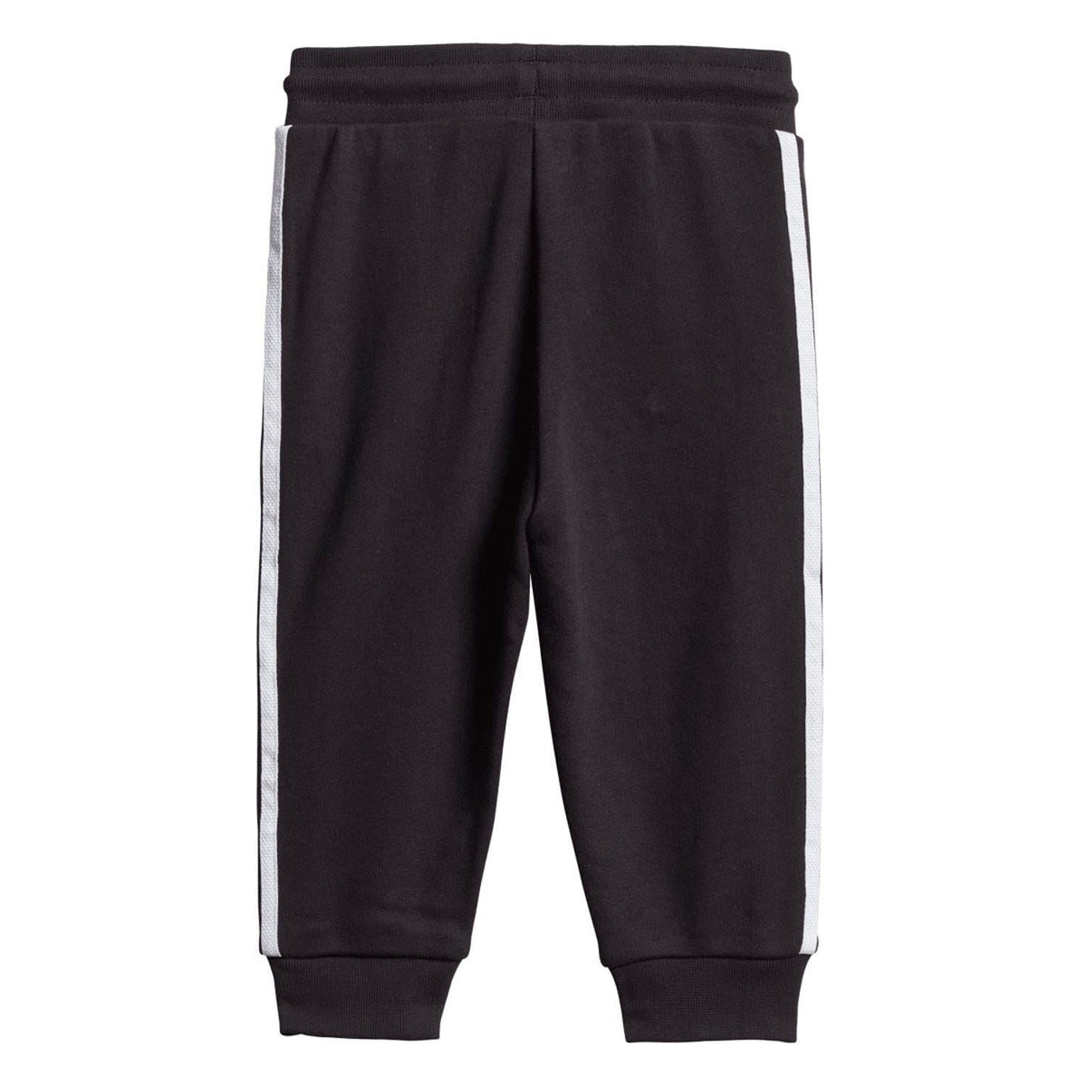 Infants black jogger pants with vertical white side stripes and elastic cuffs