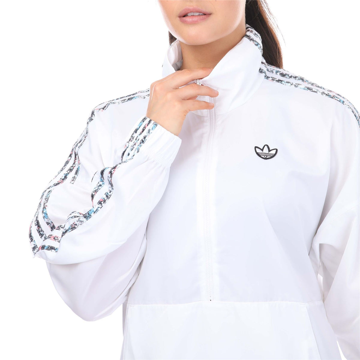 Half-zip windbreaker jacket, white with trefoil logo and high collar