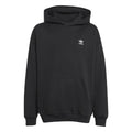 Black junior hooded sweatshirt with adidas logo, kangaroo pocket, long sleeves.