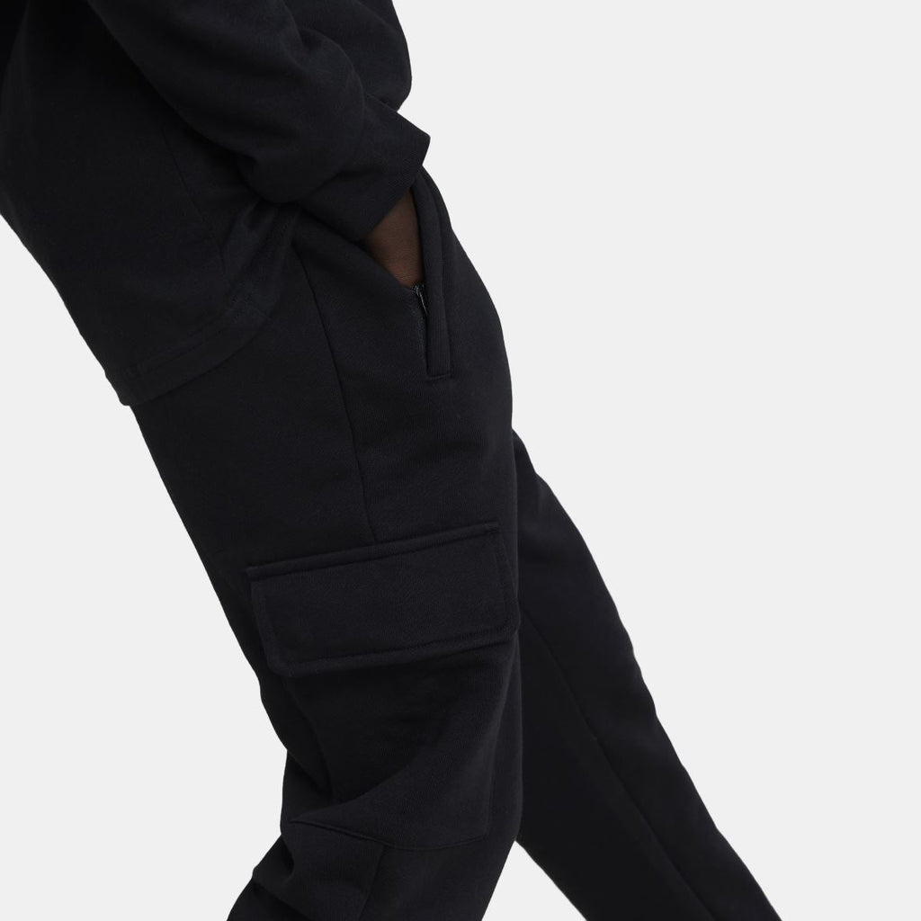 Black fleece cargo pants showing side cargo pocket and tapered, cuffed leg