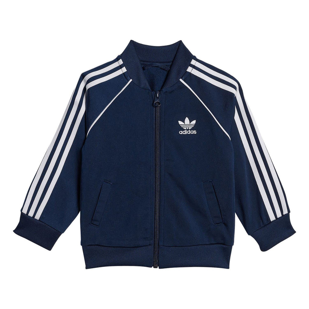 Infants navy adidas tracksuit with full zip hoodie, white 3-Stripes sleeves, side pockets.