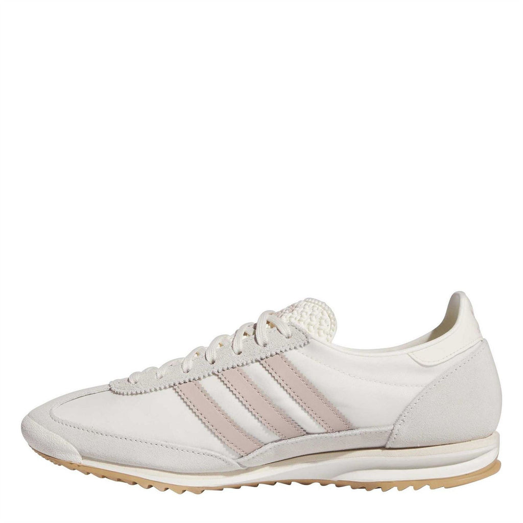 adidas Originals low-top sneakers, white leather with taupe three-stripe detail and gum sole