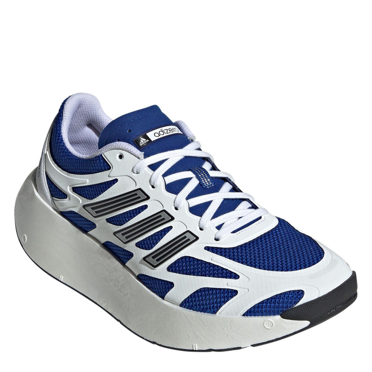 Blue and white mesh running shoe with lace-up front and cushioned light-gray sole