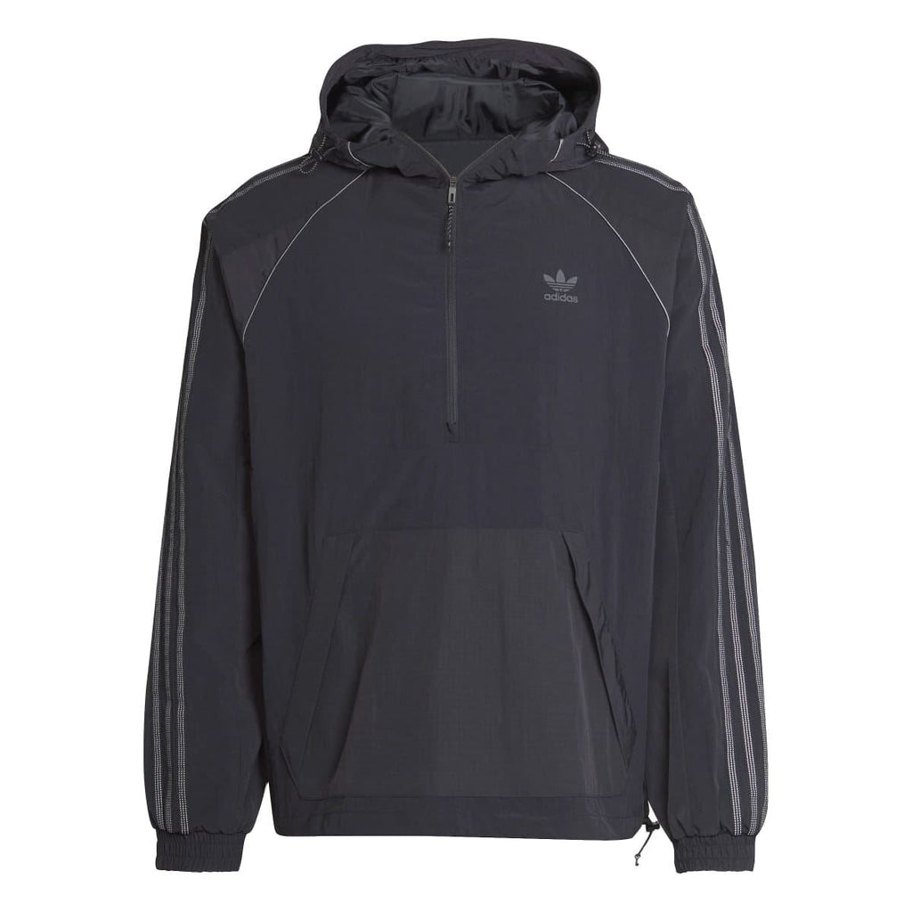 Black adidas Originals anorak jacket front view with hood, half-zip closure, and logo