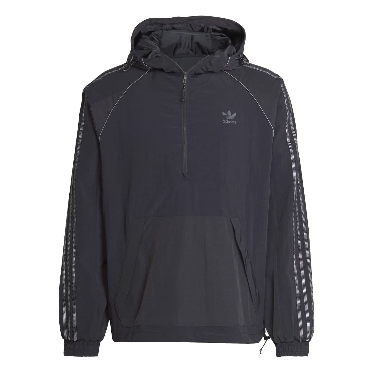 Black adidas Originals anorak jacket front view with hood, half-zip closure, and logo