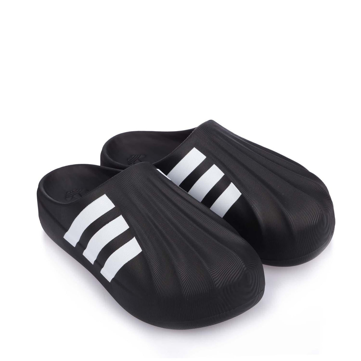 adidas adiFOM Superstar mule shoes, black knit upper with white triple stripe logos