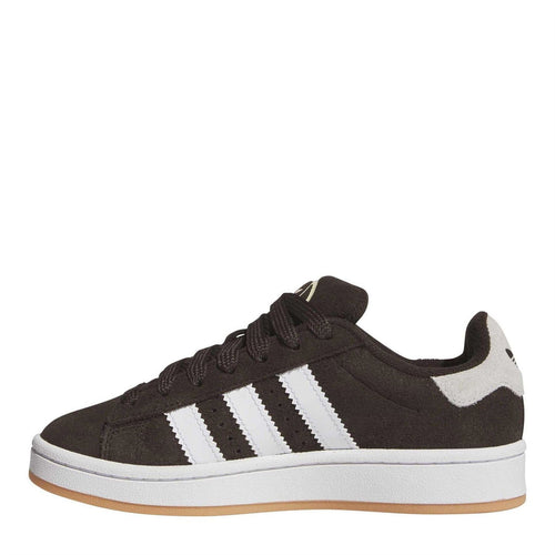 Dark brown low-top sneakers with white three-stripe detail and gum-colored sole