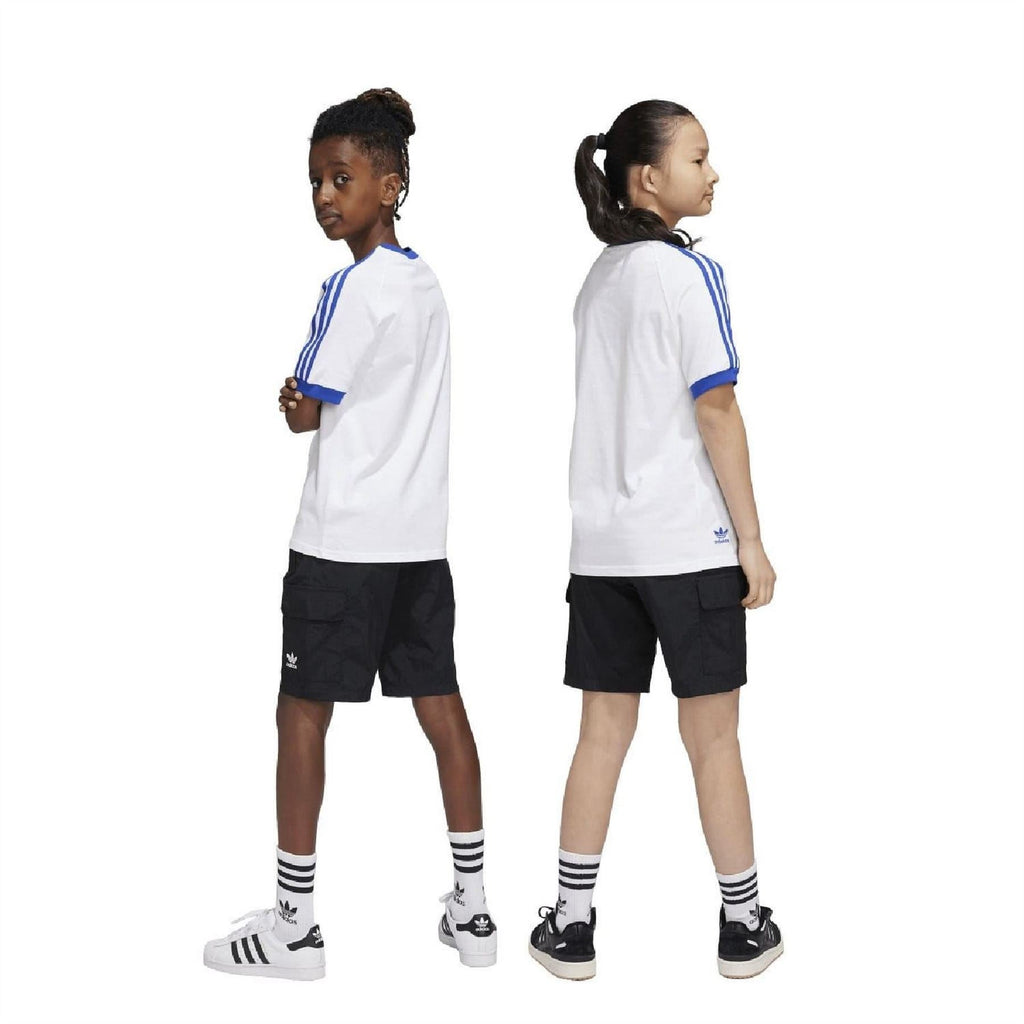 Black cargo shorts with elastic waistband and flap cargo pockets, back view