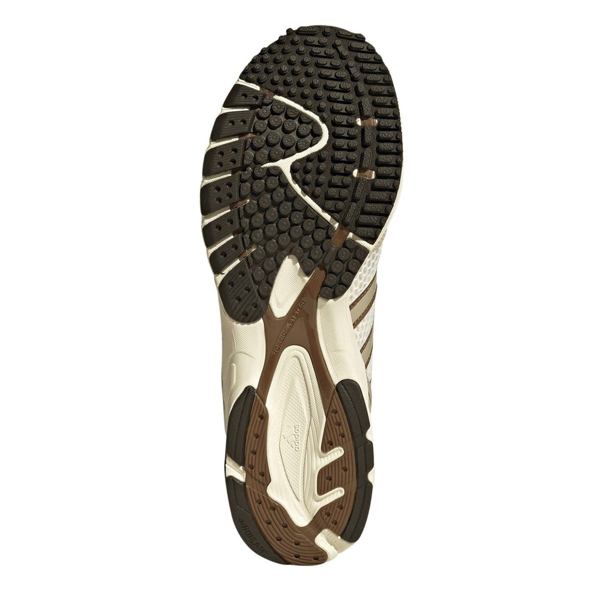 Outsole view of off-white adidas Adizero trainers with textured rubber tread