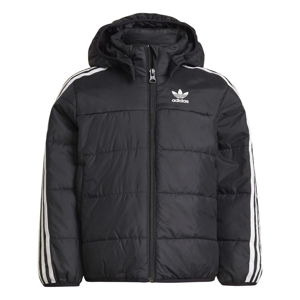 Black adidas hooded puffer jacket with full-zip and chest logo