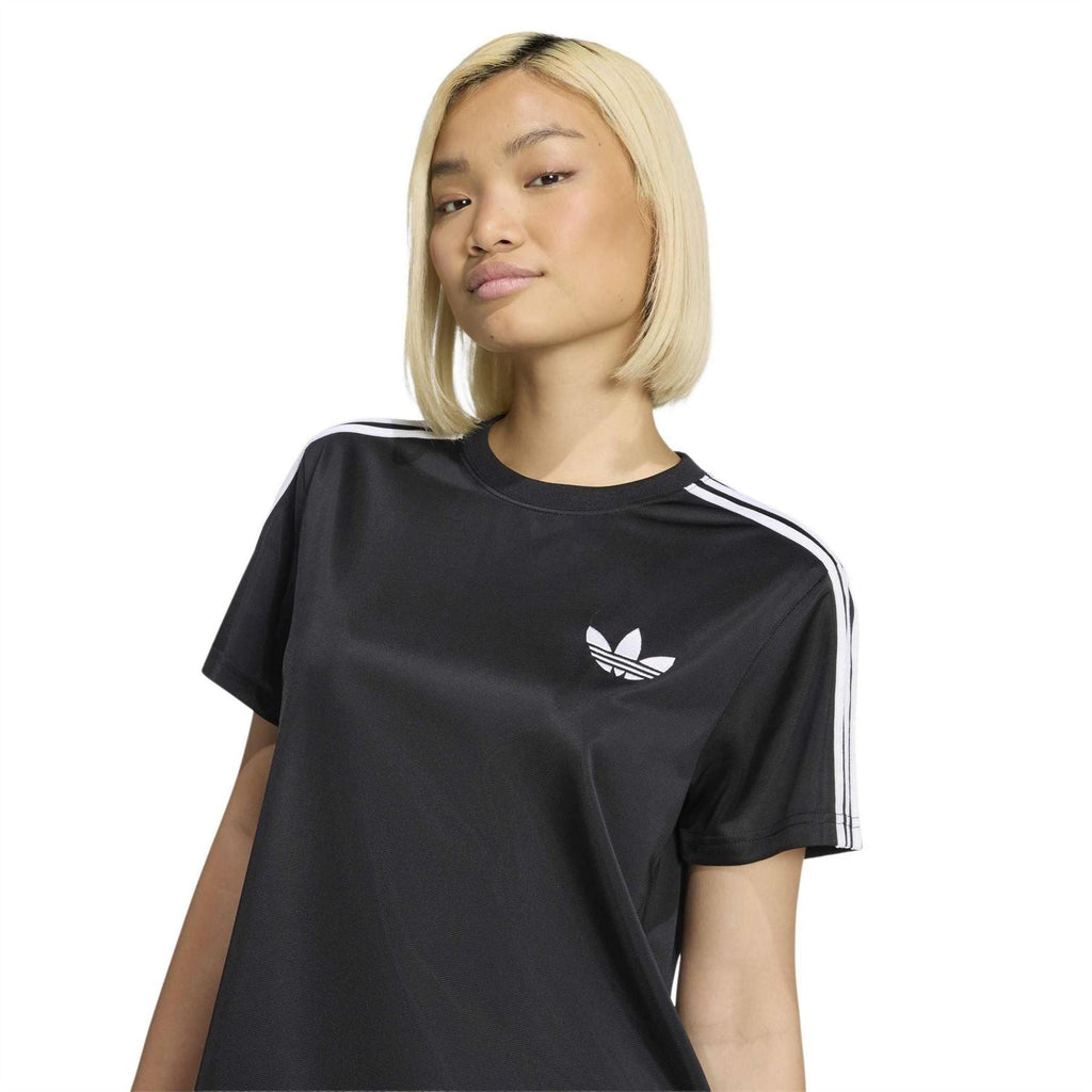 Black adidas Originals Firebird T-shirt with trefoil logo and three white sleeve stripes