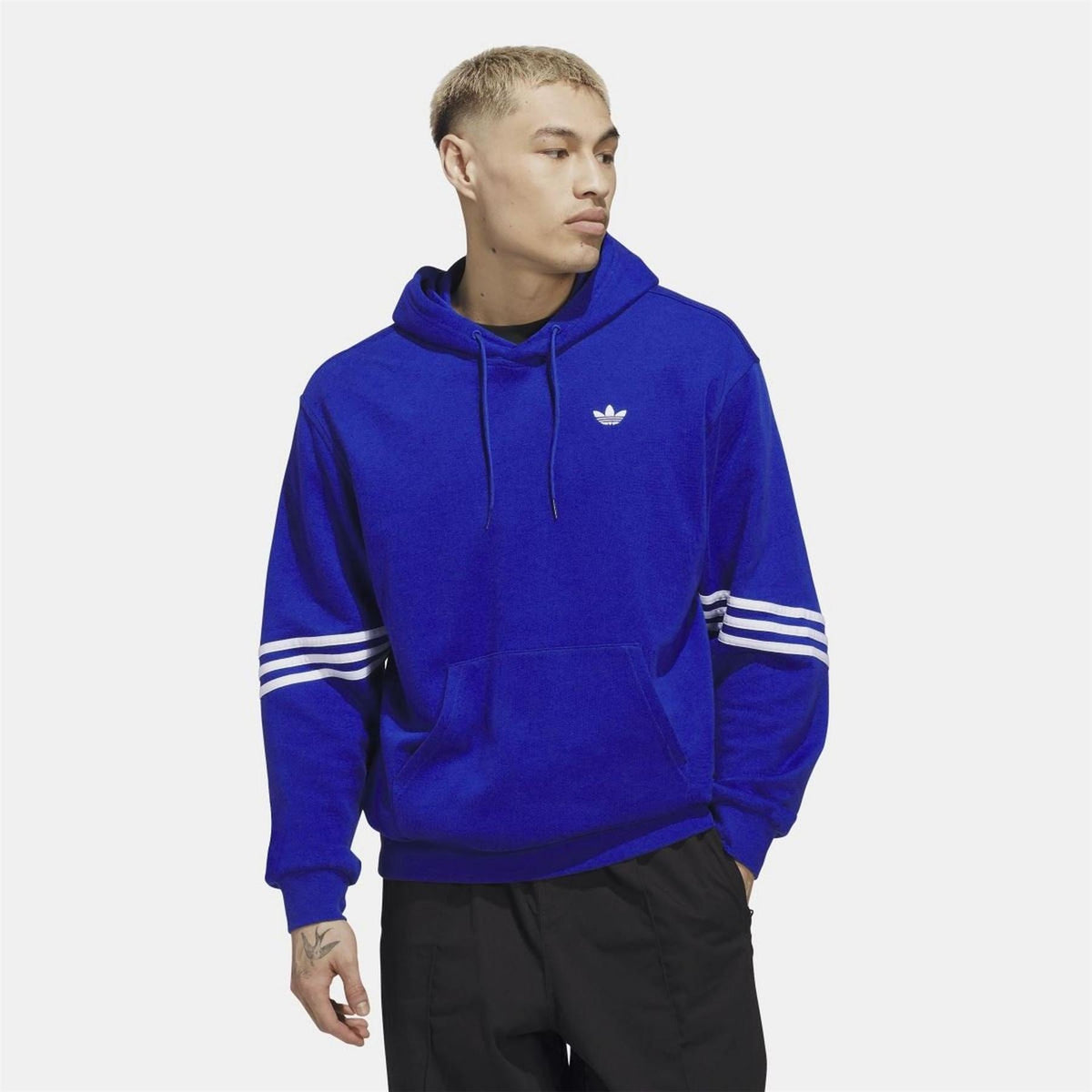 adidas Originals blue hoodie with kangaroo pocket and striped sleeve cuffs