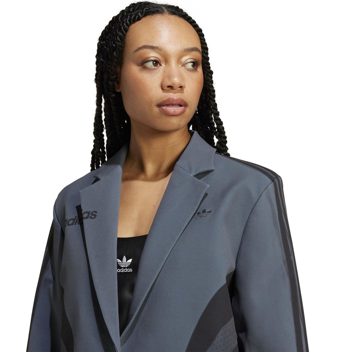 Blue-gray blazer with adidas chest logo and zebra panel design, button front
