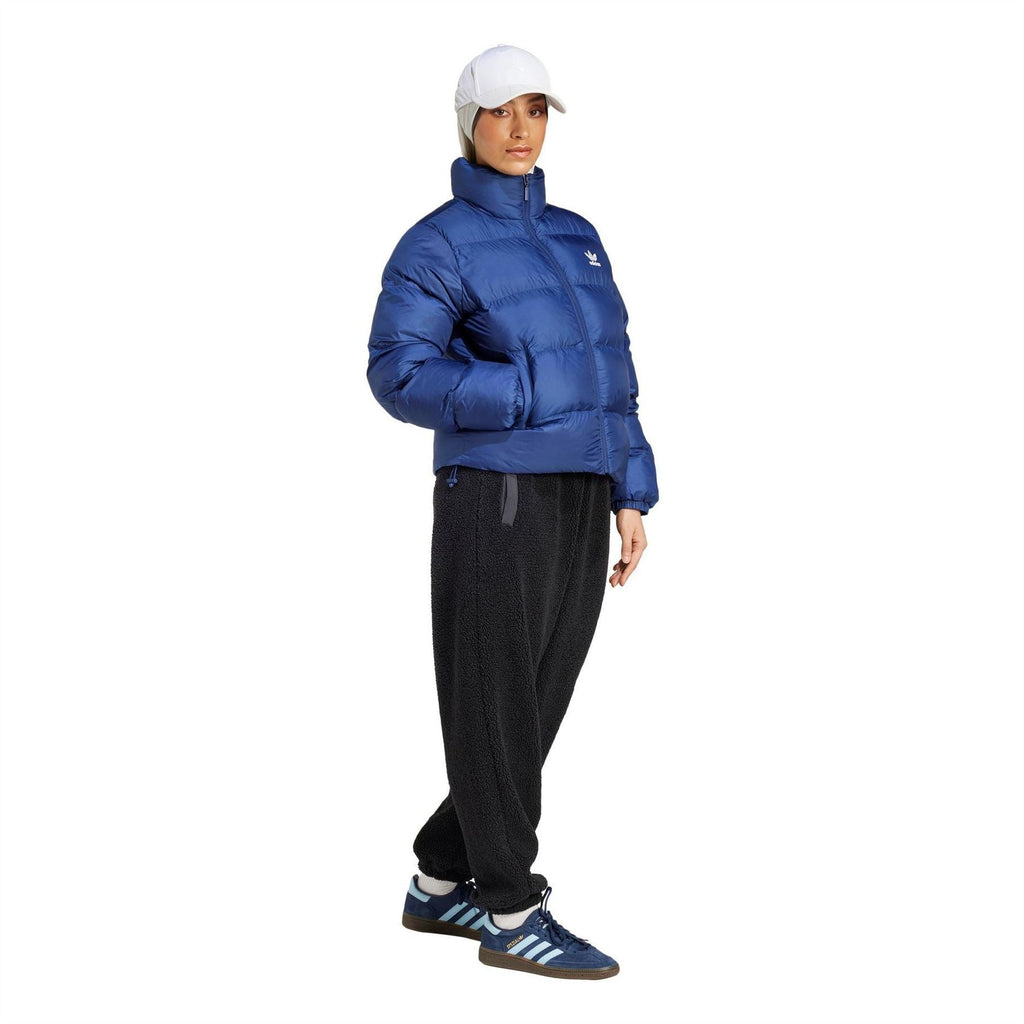 adidas Originals dark blue puffer jacket with high neck zip and hood, long sleeves