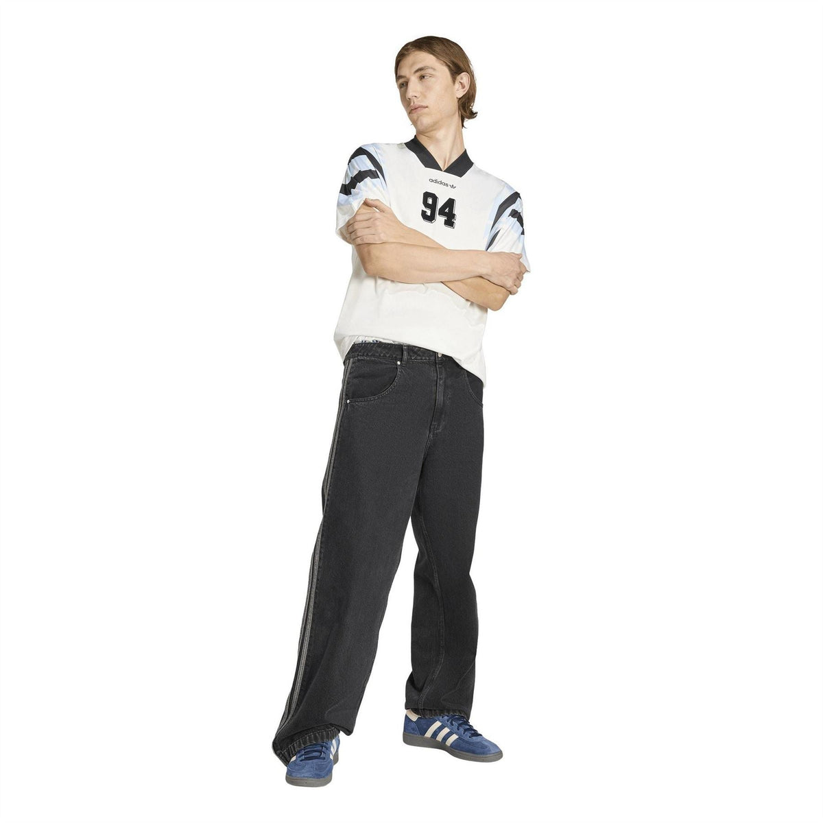 Mens white printed shirt with black collar, Adidas logo, 94 graphic, striped sleeves, cloud print