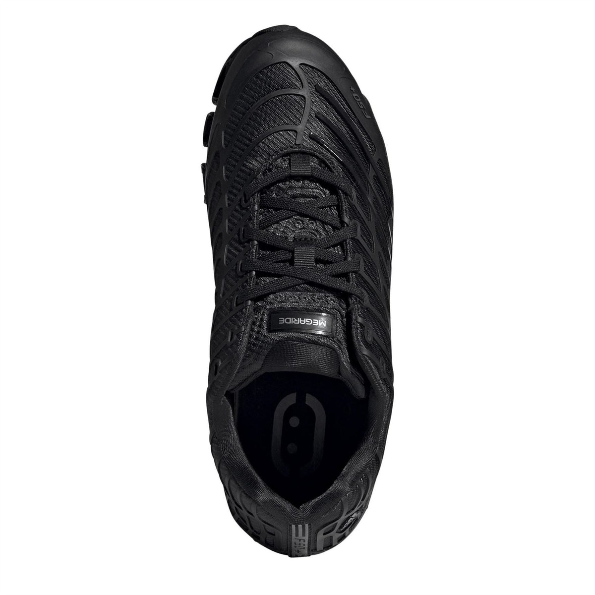Black adidas Megaride F50 front view with lace-up closure and textured toe area