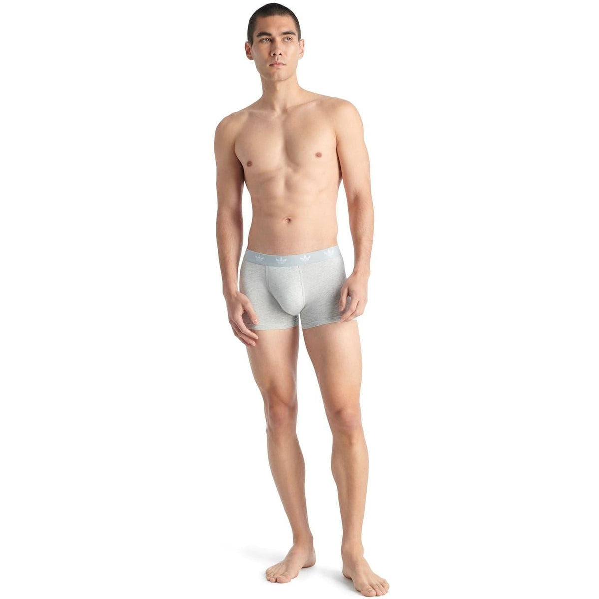 Men's grey adidas logo boxer trunks with elastic waistband