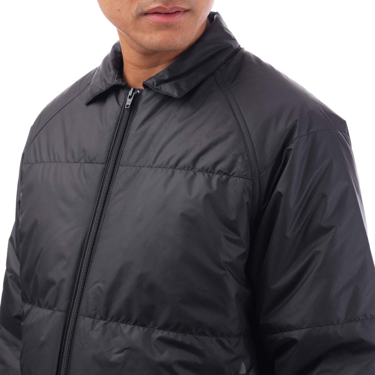 adidas Originals insulated coach jacket in black, full-zip front and stand collar