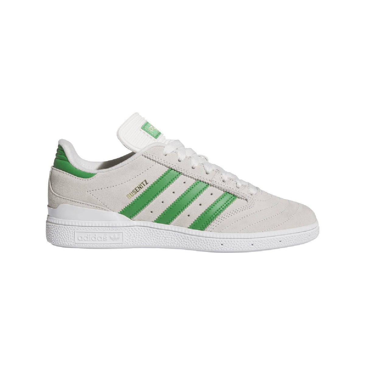 White low-top trainers with green triple stripes and lace-up front.