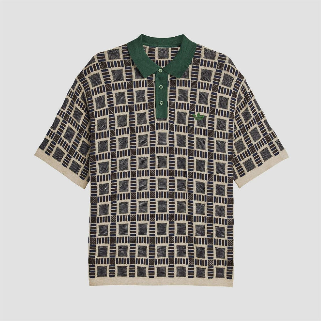 adidas Originals polo shirt in sand with dark geometric pattern and green button placket