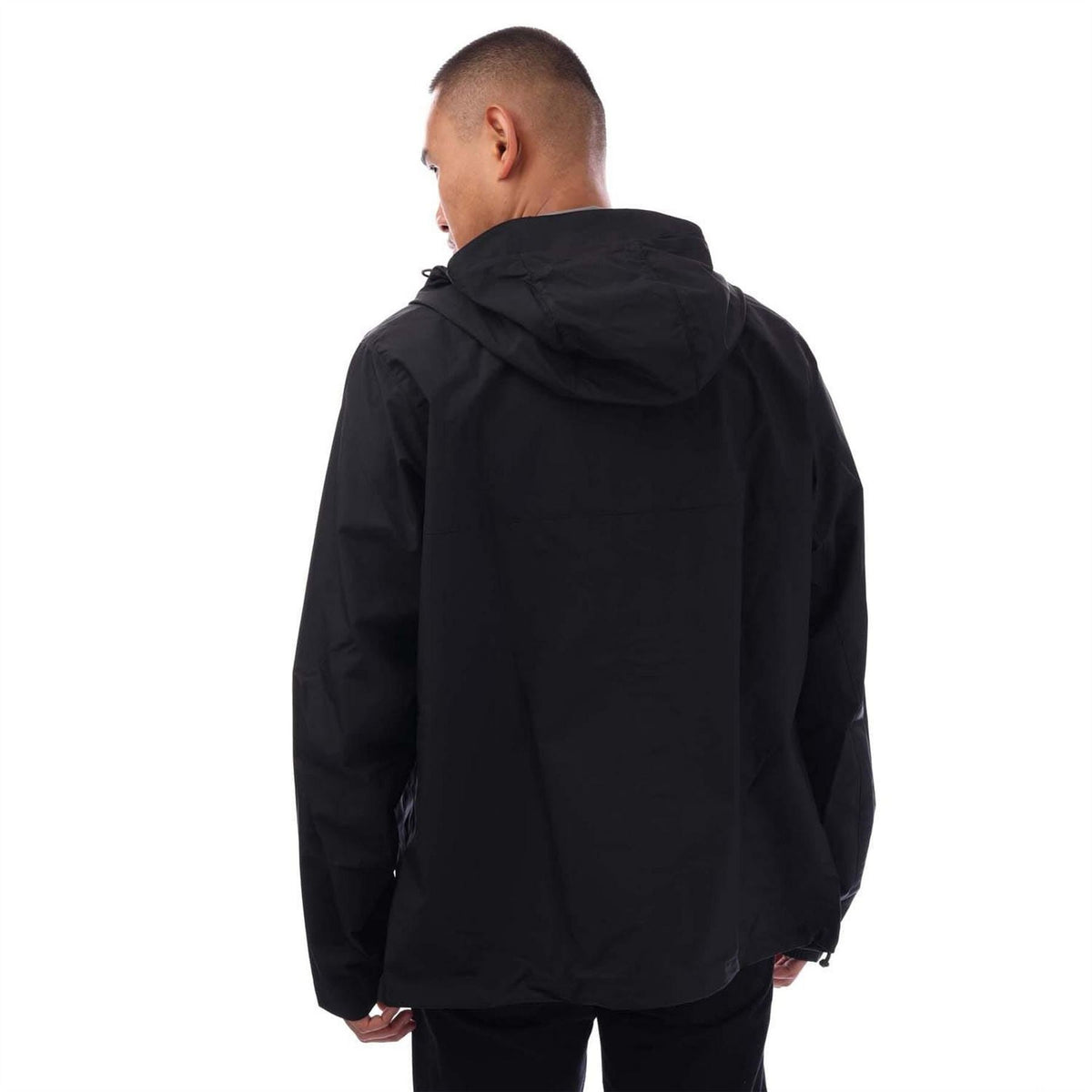 Black hooded shell jacket back view with adjustable hood and full-zip front.