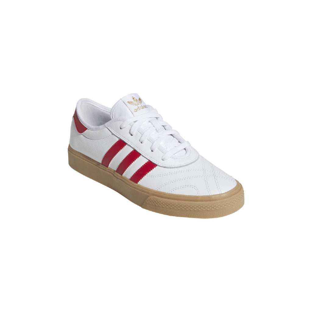 White adidas Adiease trainers with red stripes, white laces, and gum rubber sole