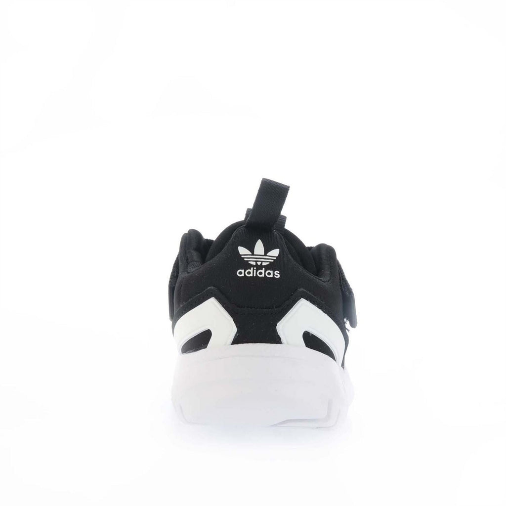 Black and white trainers back view with adidas logo and white heel cap