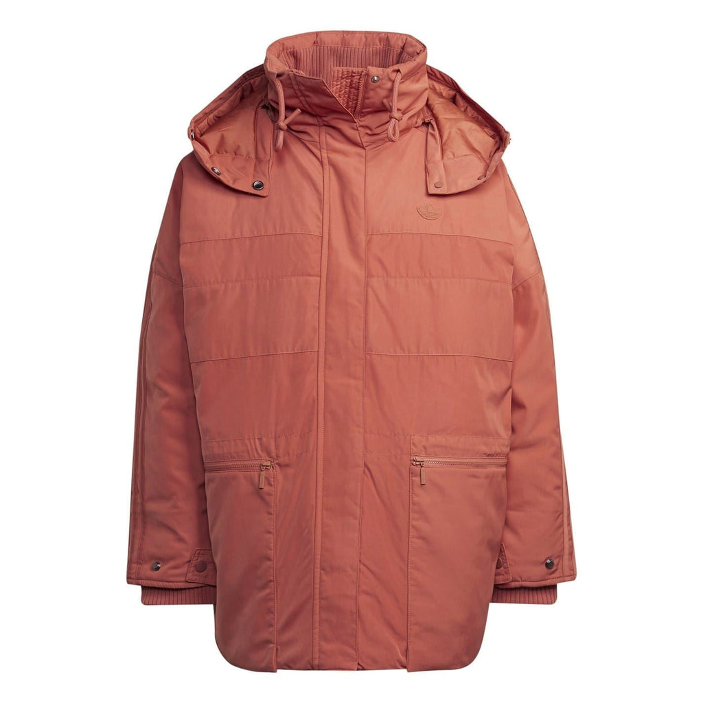 Burgundy hooded parka with full-length front zip, drawstring hood, and side pockets.
