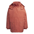 Burgundy hooded parka with full-length front zip, drawstring hood, and side pockets.
