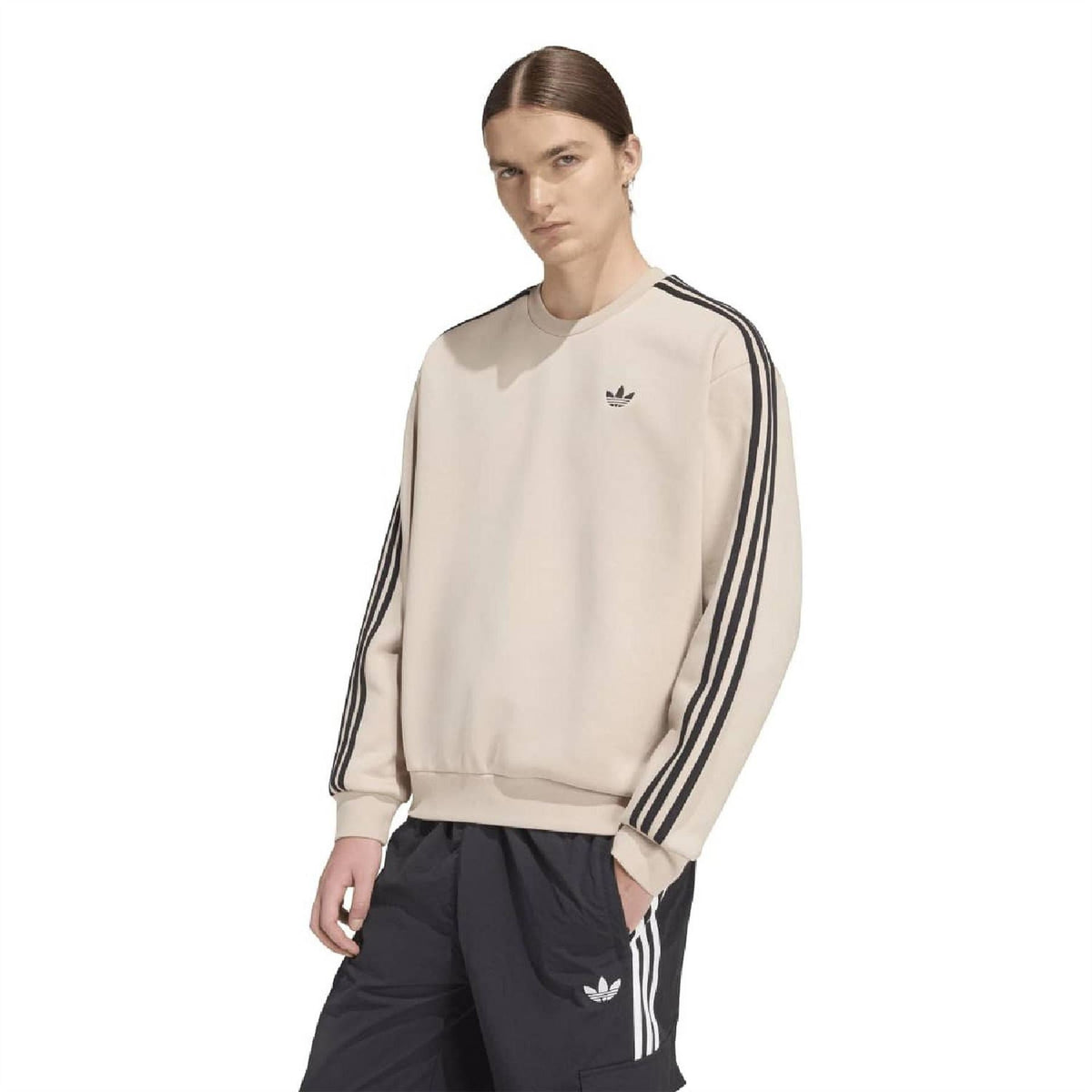 adidas stone khaki crewneck sweatshirt with black triple stripe sleeves and logo
