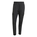 Black cargo pants with elastic waistband and side utility pockets