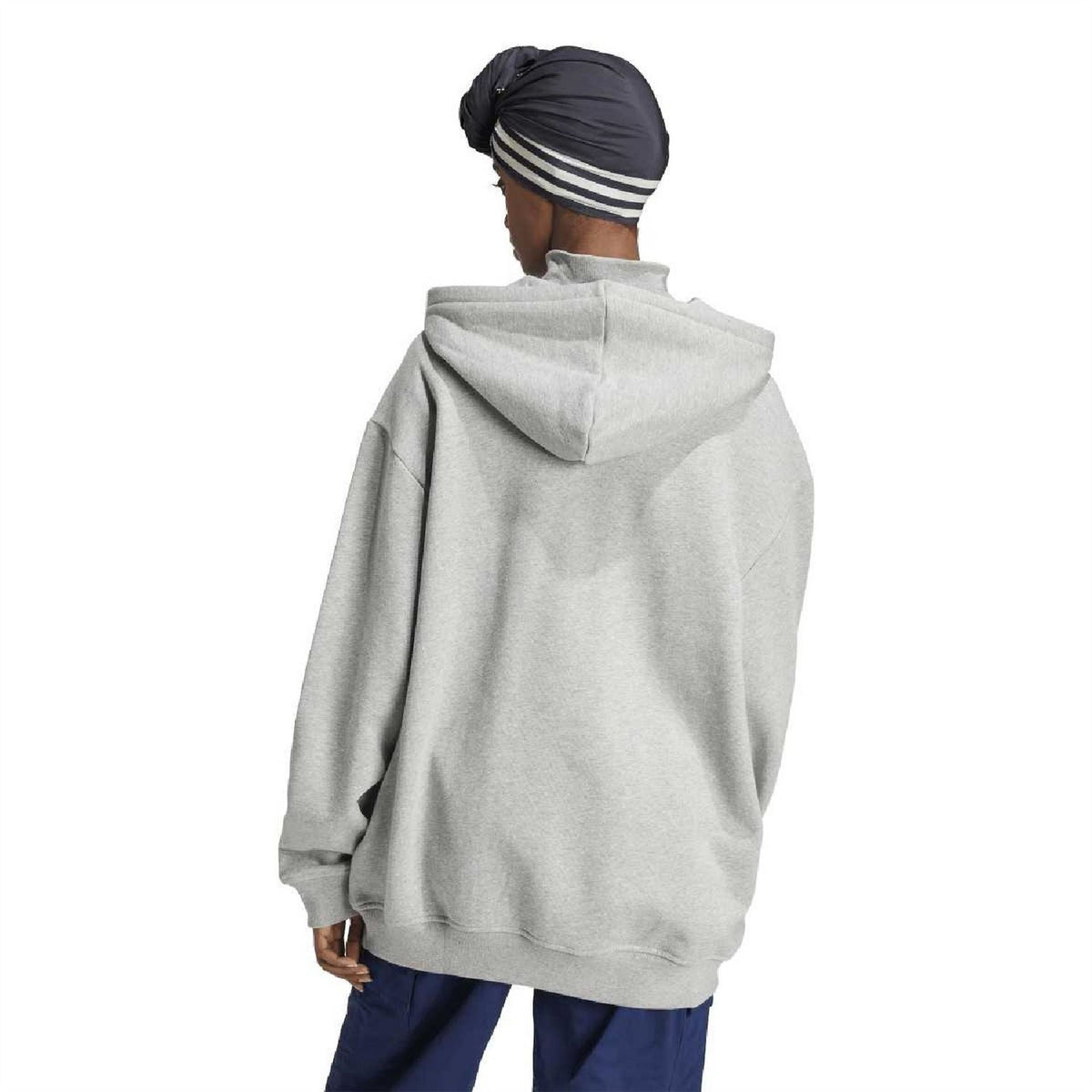Back view of light grey pullover hoodie with drawstring hood and ribbed hem
