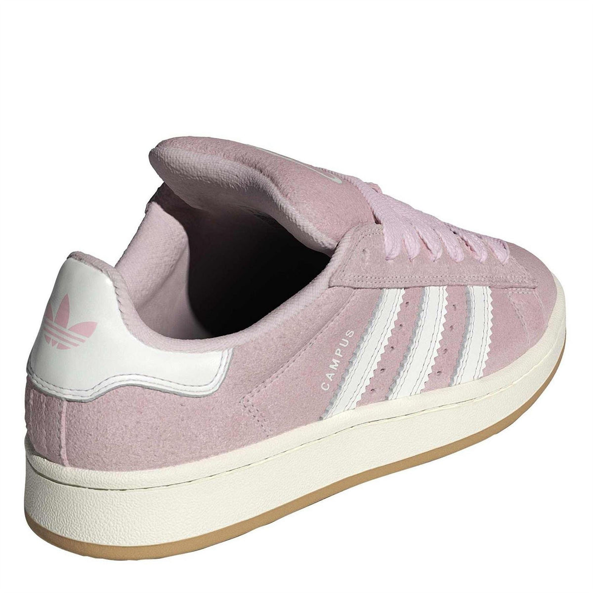 Pink suede trainers with white heel overlay, cushioned collar, beige sole