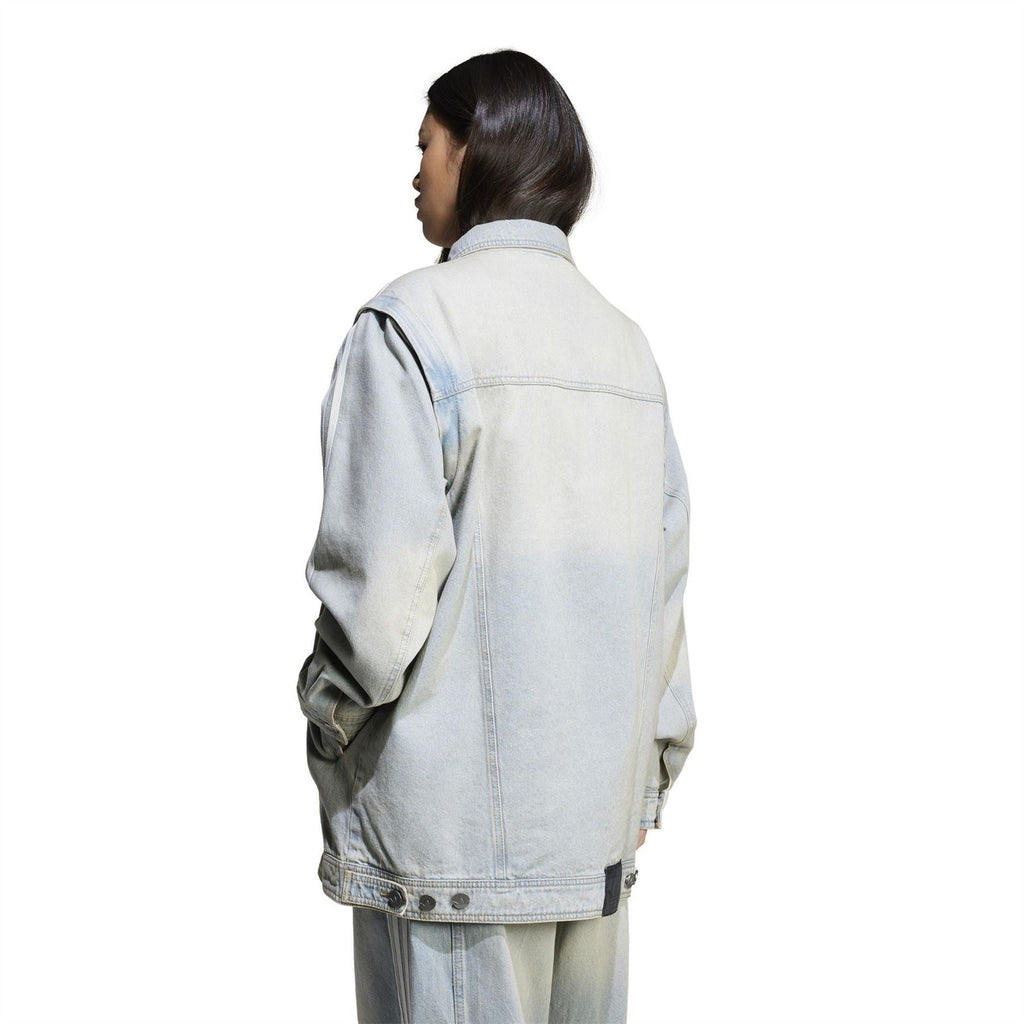 adidas Originals light denim collared jacket back view with button front and side stripes