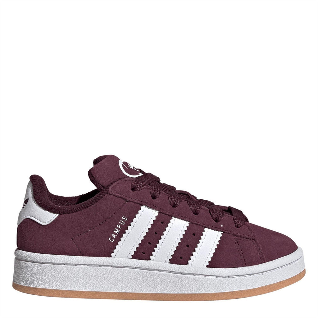 adidas Originals Campus 00s kids shoes, maroon suede with white 3-Stripes and lace-up.
