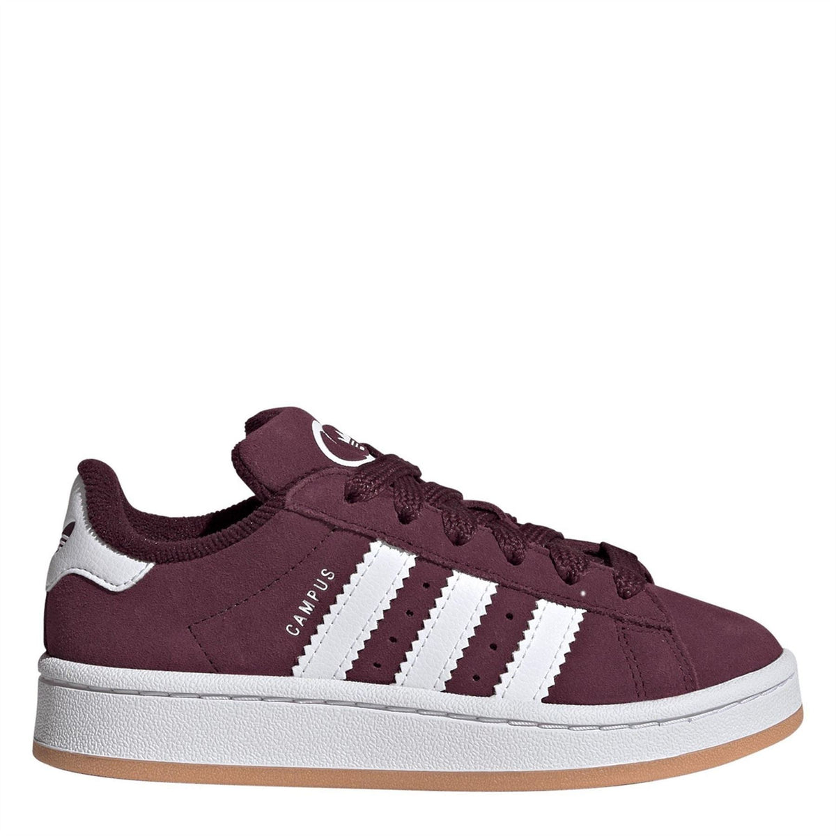 adidas Originals Campus 00s kids shoes, maroon suede with white 3-Stripes and lace-up.