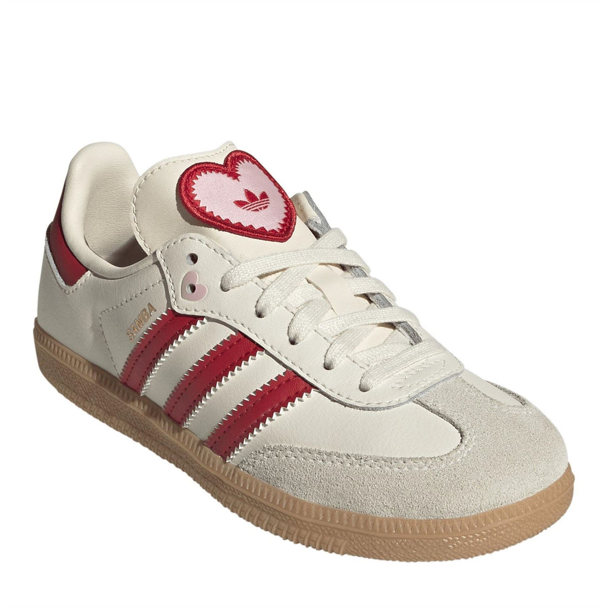 Low-top Samba sneaker in cream with red lace-up details, striped panel, gum sole