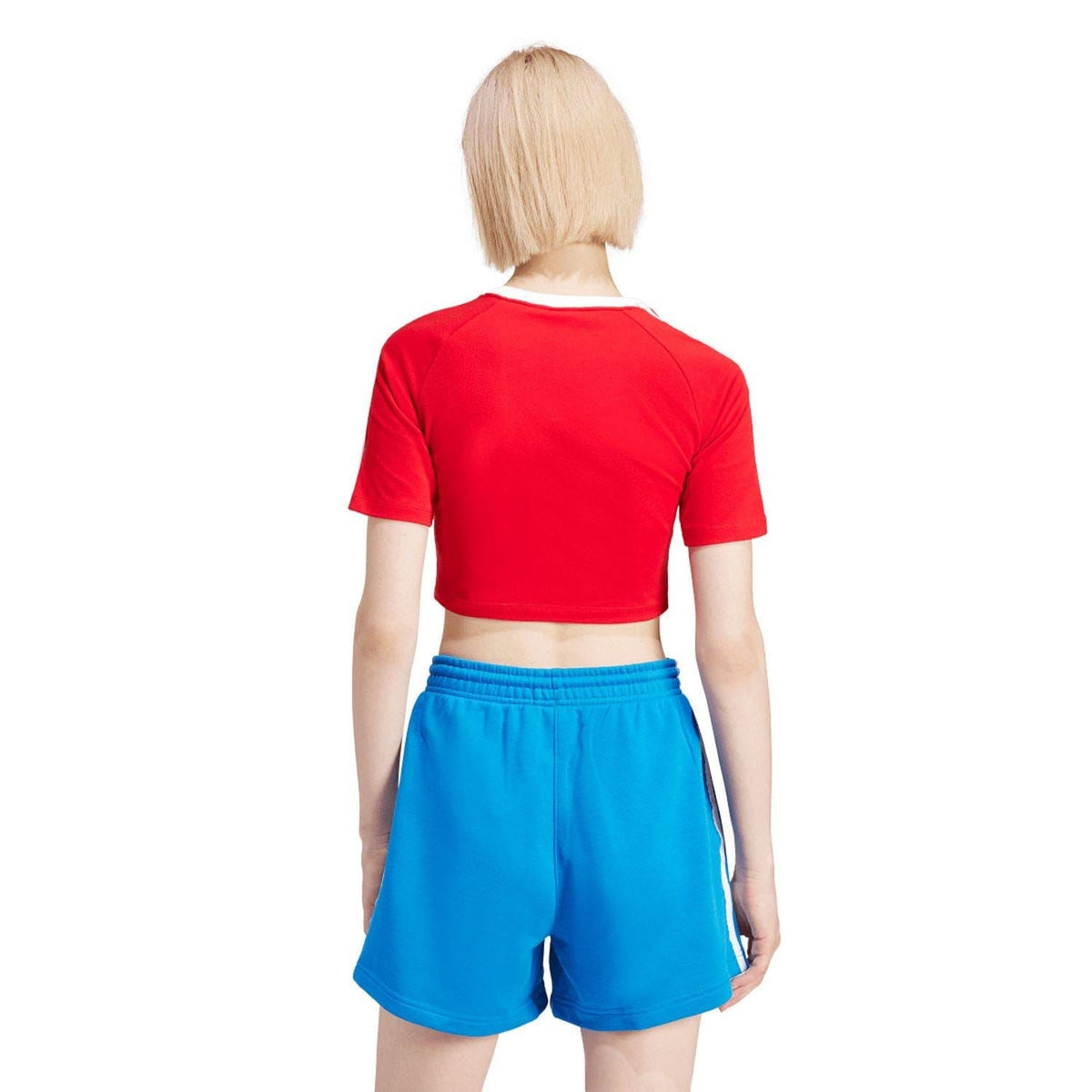 Red baby T-shirt back view with adidas logo and white 3-stripe shoulder detail