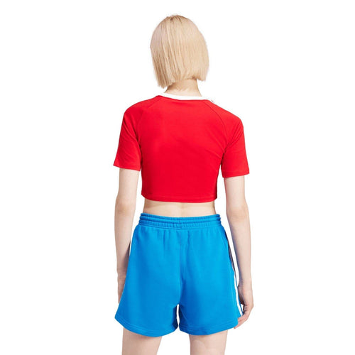 Red baby T-shirt back view with adidas logo and white 3-stripe shoulder detail