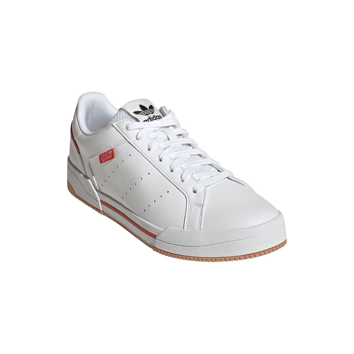White court trainers with adidas side logo and red accent stripe