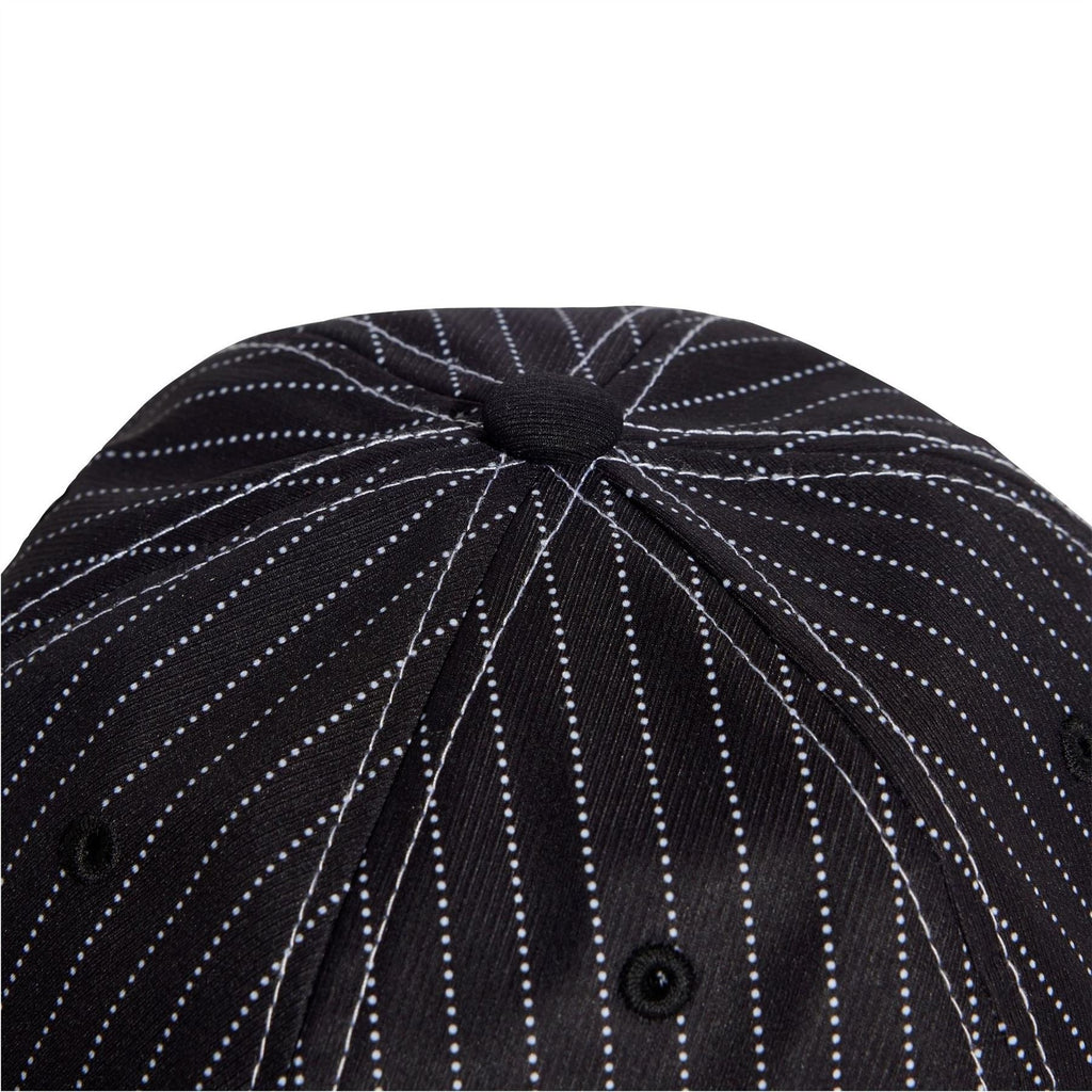 Black bucket hat crown with central top button and white dotted pinstripe lines