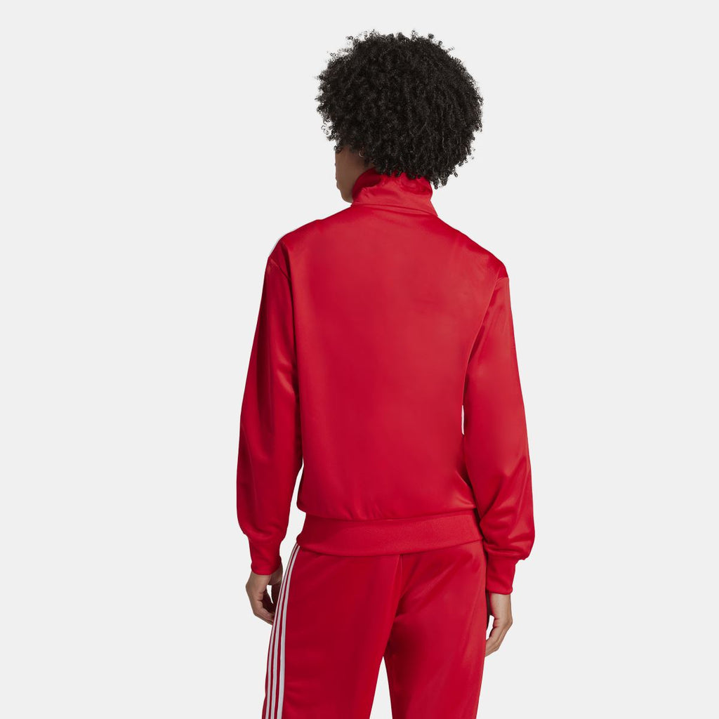 Red track top, full back view, with stand collar and white sleeve stripe accents