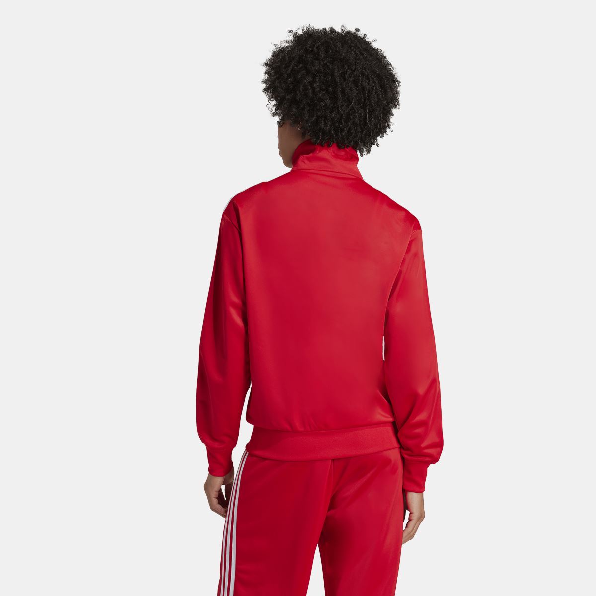 Red track top, full back view, with stand collar and white sleeve stripe accents