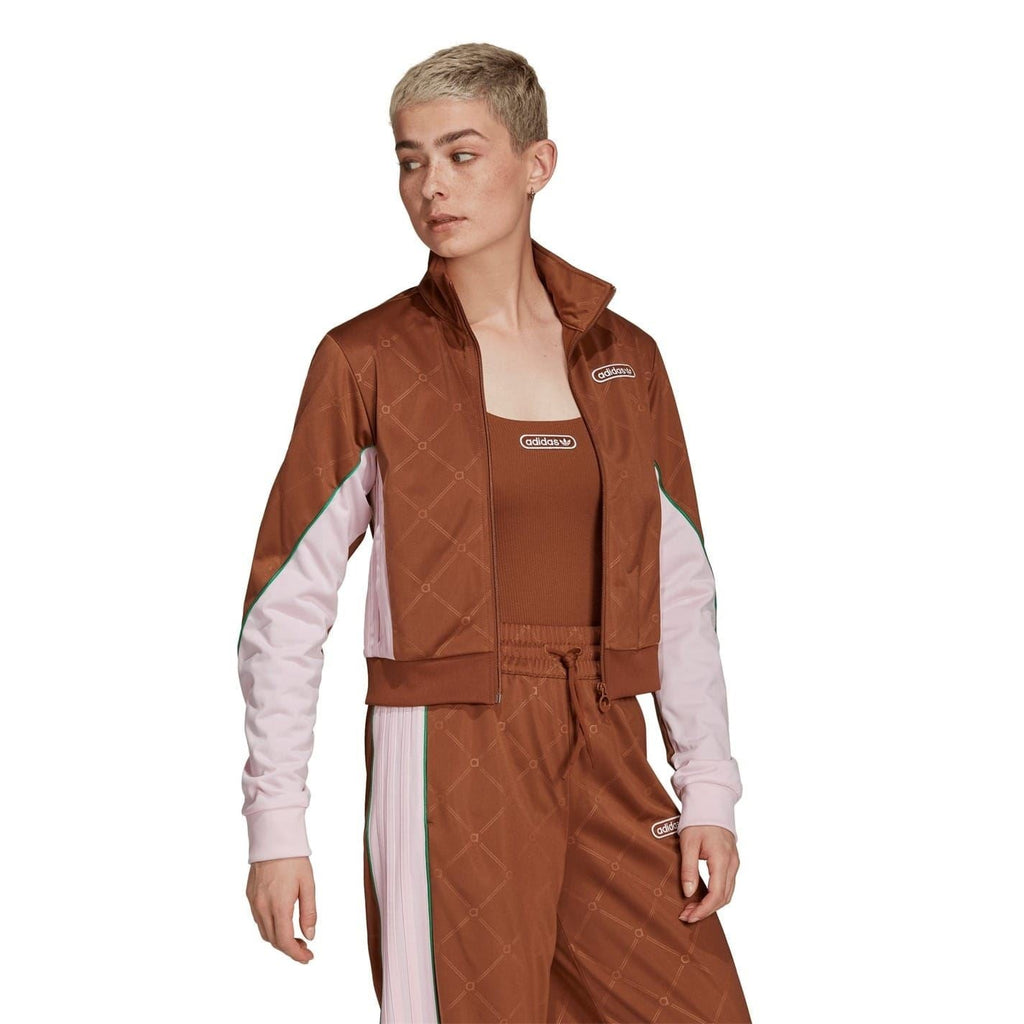 Mock neck track jacket, brown with light pink sleeves and stripes; front zip