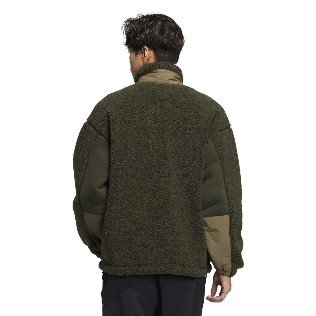 Olive green Sherpa full-zip jacket rear view with fleece texture and ribbed cuffs
